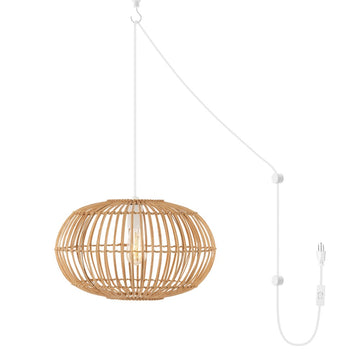 Leo 17.5" Farmhouse Coastal Rattan 180" Cord Plug-In or Hardwired LED Pendant - JONATHAN Y